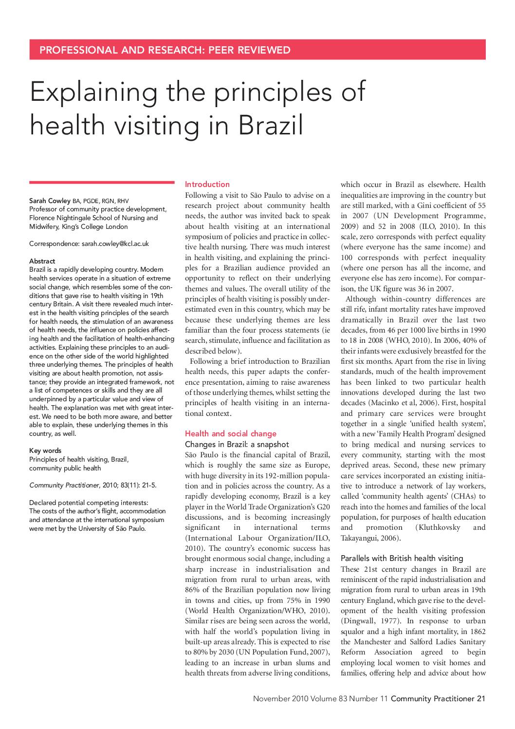 Explaining the principles of health visiting in Brazil