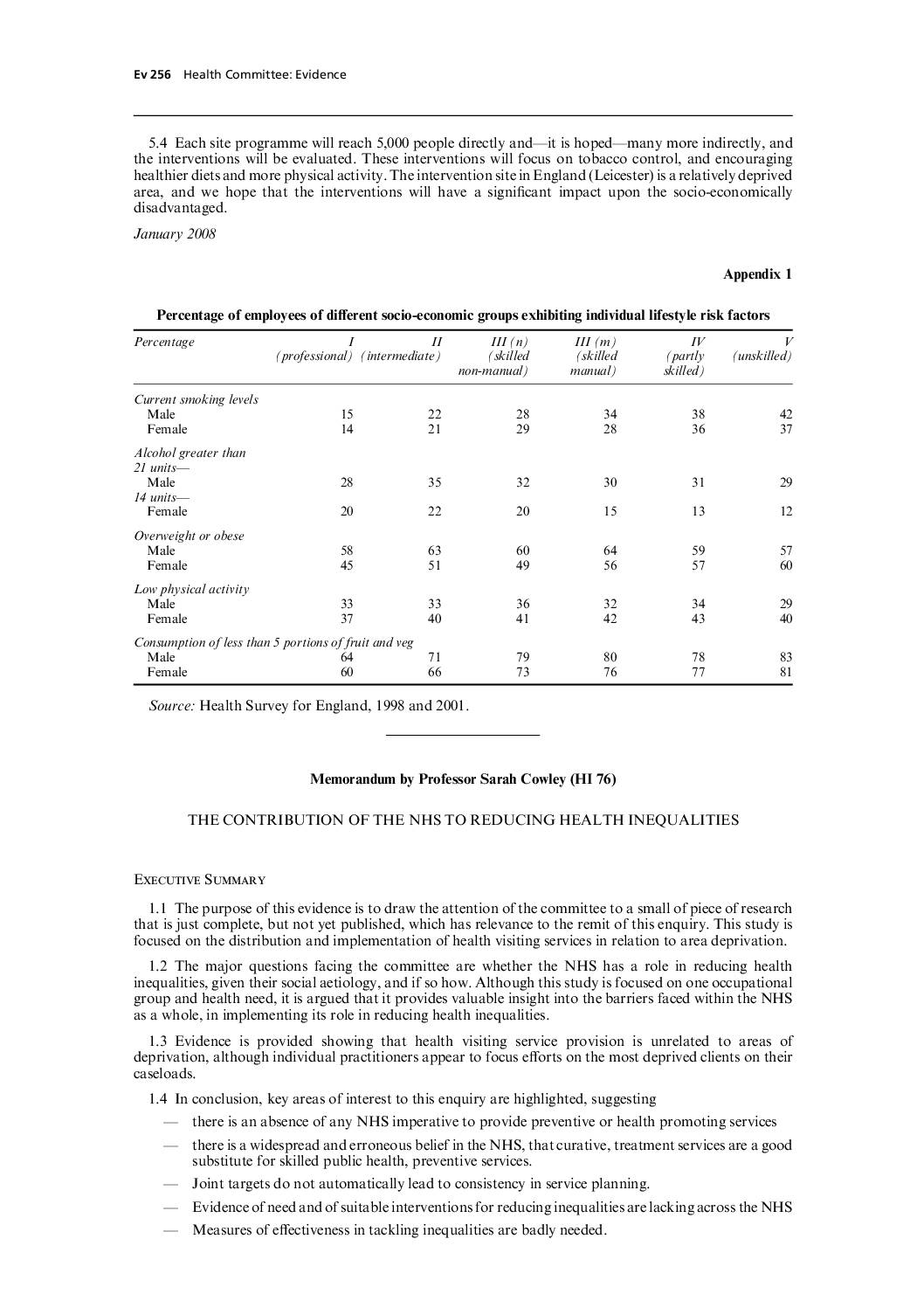 Memorandum by Professor Sarah Cowley (HI 76) The contribution of the NHS to reducing health inequalities.