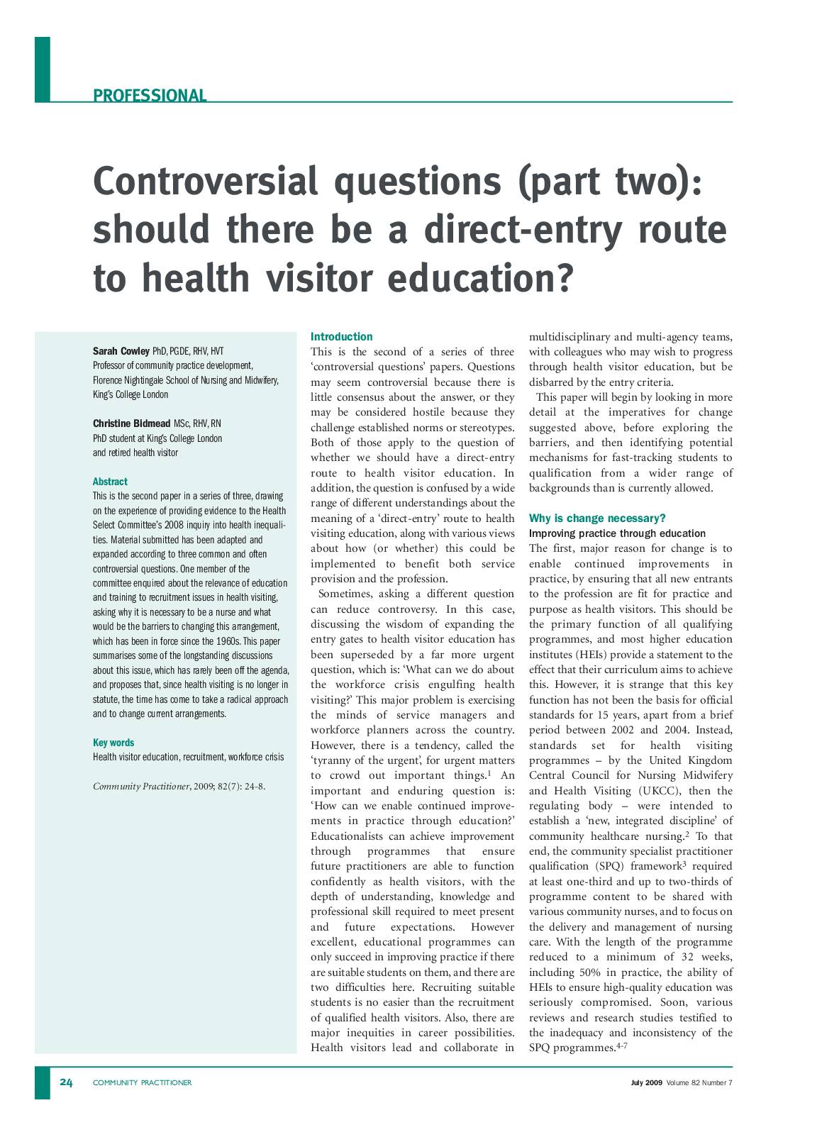 Controversial questions (part two): should there be a direct-entry route to health visitor education?