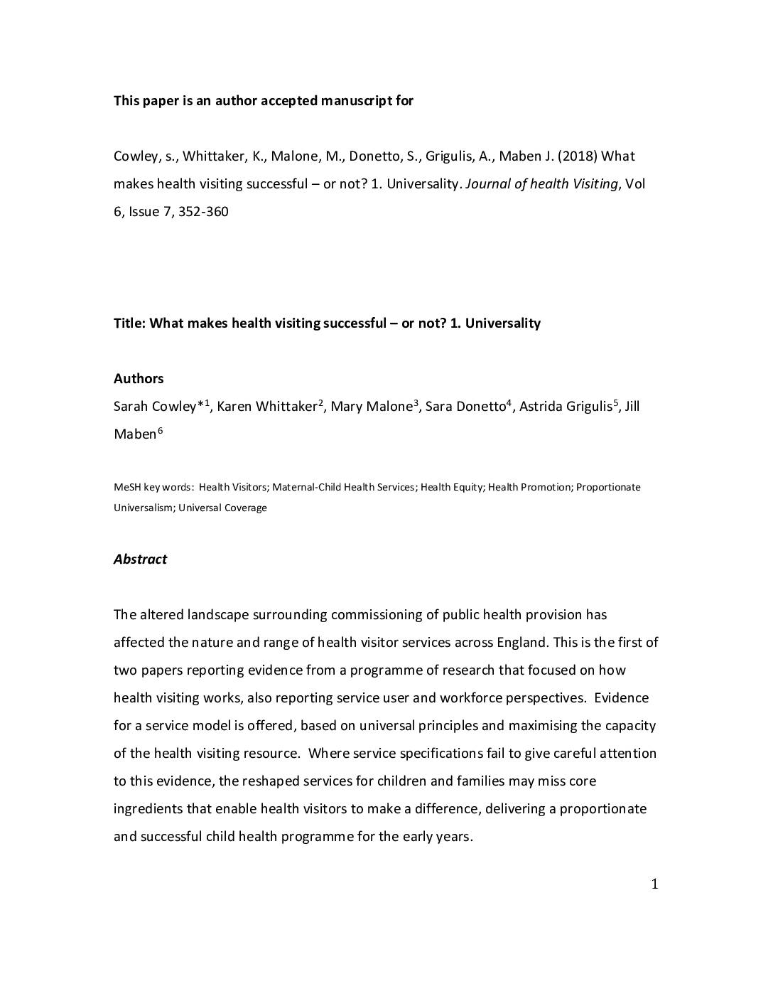 What makes health visiting successful—or not? 1. Universality