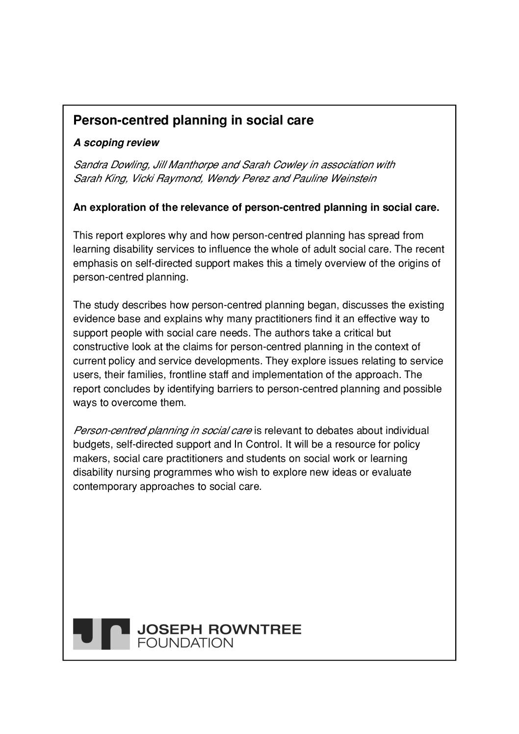 Person-centred planning in social care: a scoping review