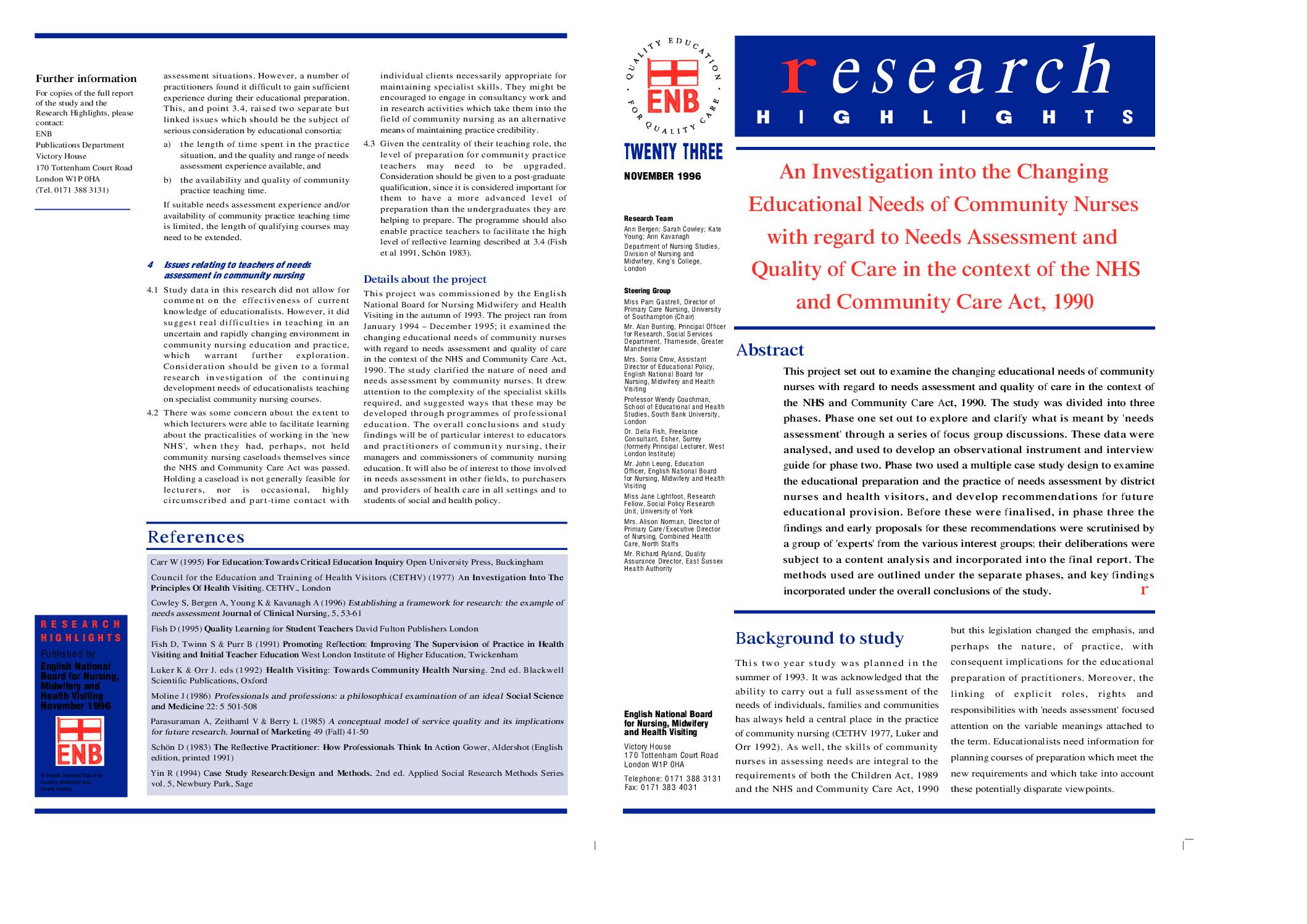 An Investigation into the Changing Educational Needs of Community Nurses with Regard to Needs Assessment and Quality of Care in the Context of the NHS and Community Care Act, 1990