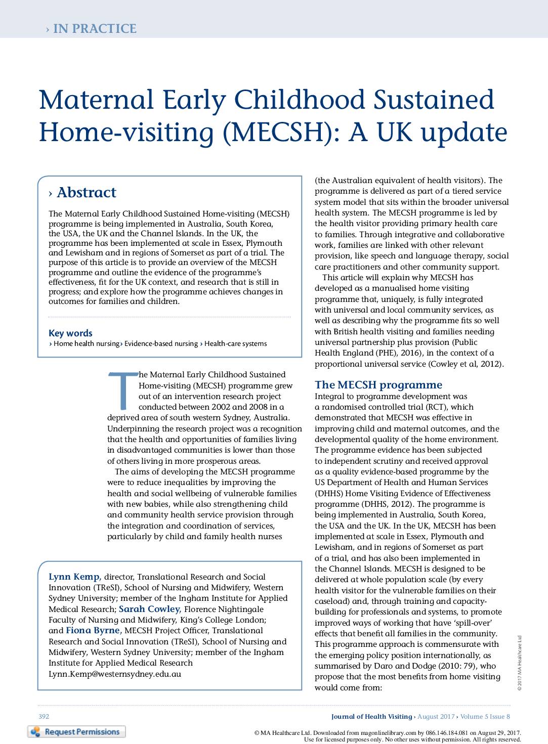 Maternal Early Childhood Sustained Home-visiting (MECSH): A UK update