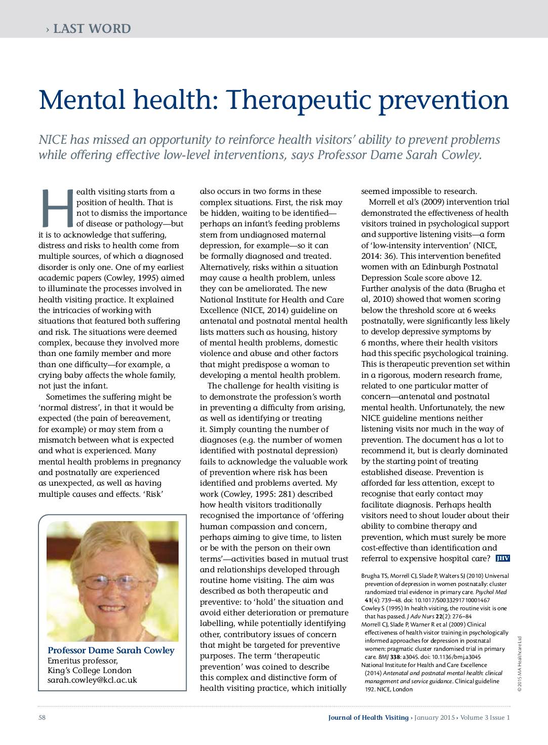 Mental health: Therapeutic prevention
