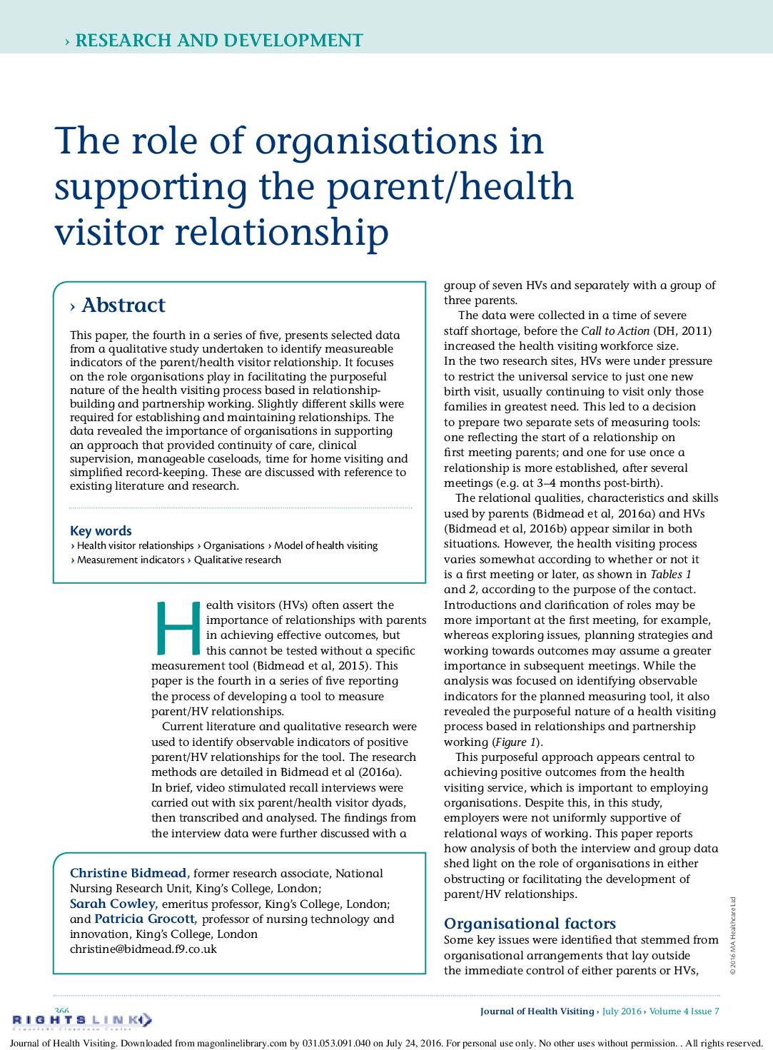 The role of organisations in supporting the parent/health visitor relationship