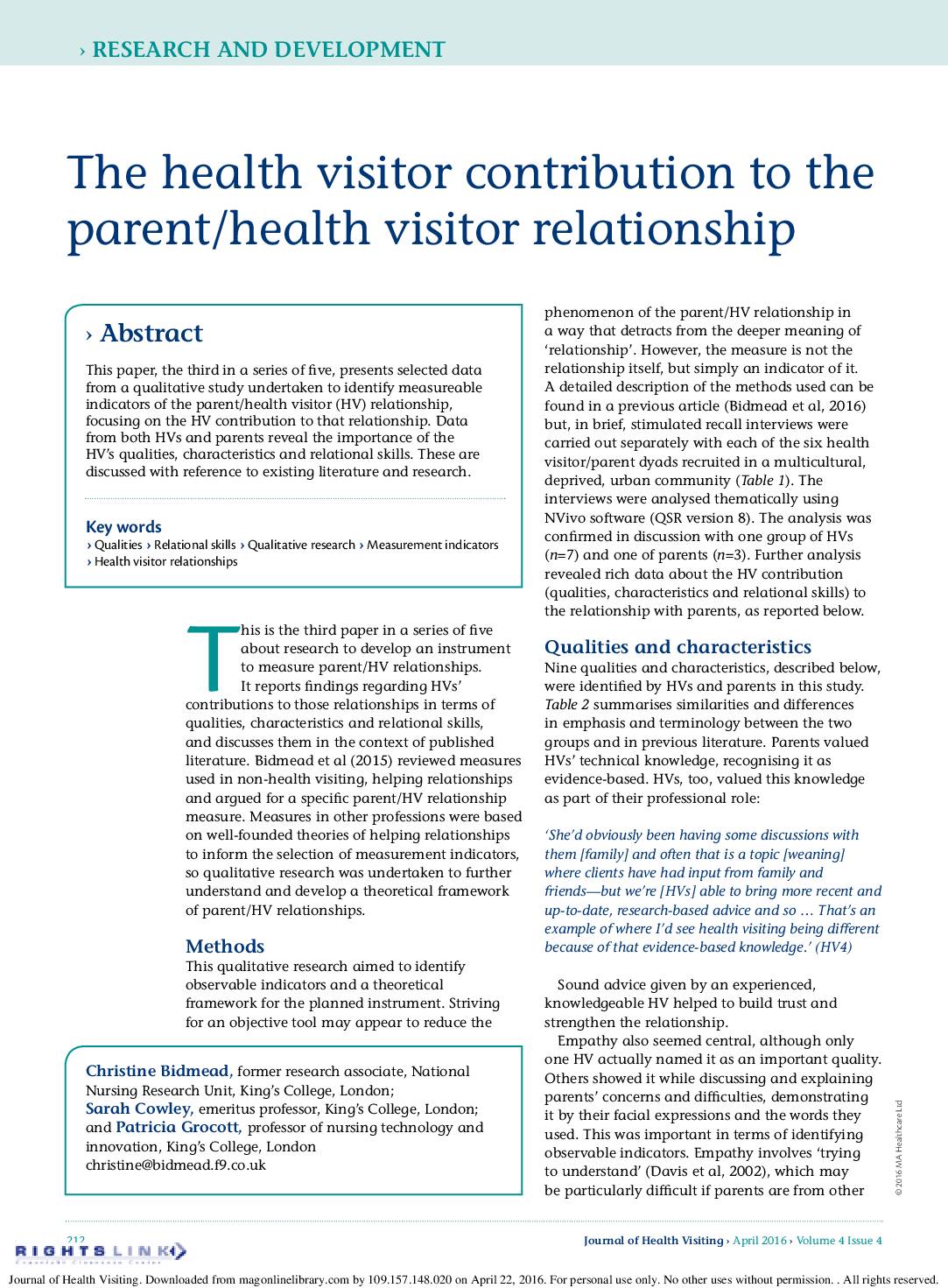 The health visitor contribution to the parent/health visitor relationship