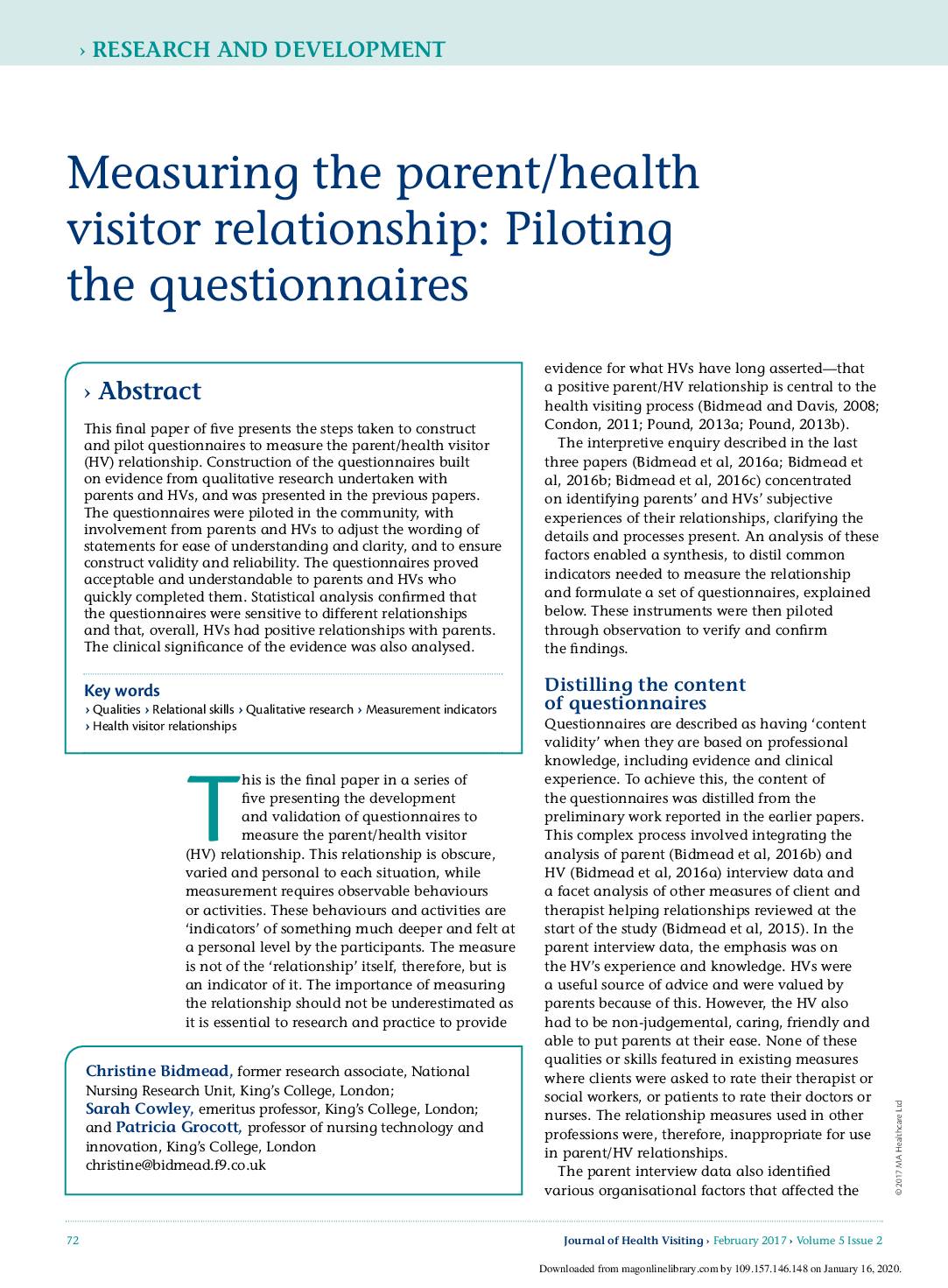 Measuring the parent/health visitor relationship: Piloting the questionnaires